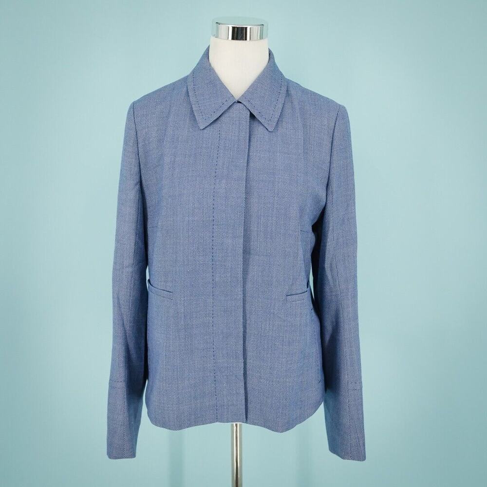 Strenesse Size 12 Blue Button Front Down Collar Long Sleeve Lined Blazer Jacket